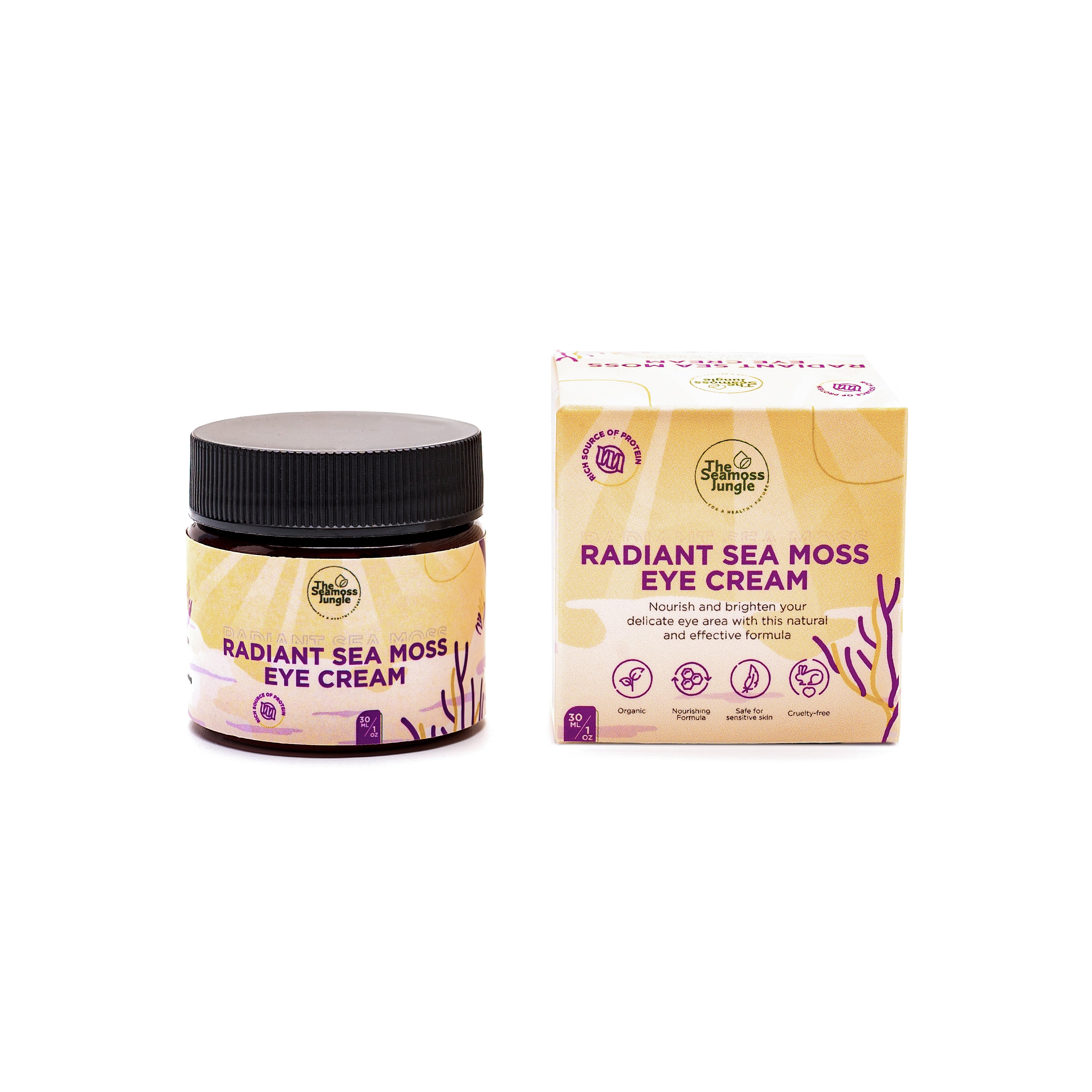 Natuurlijke Sea Moss oogcrème in verpakking op een witte achtergrond.